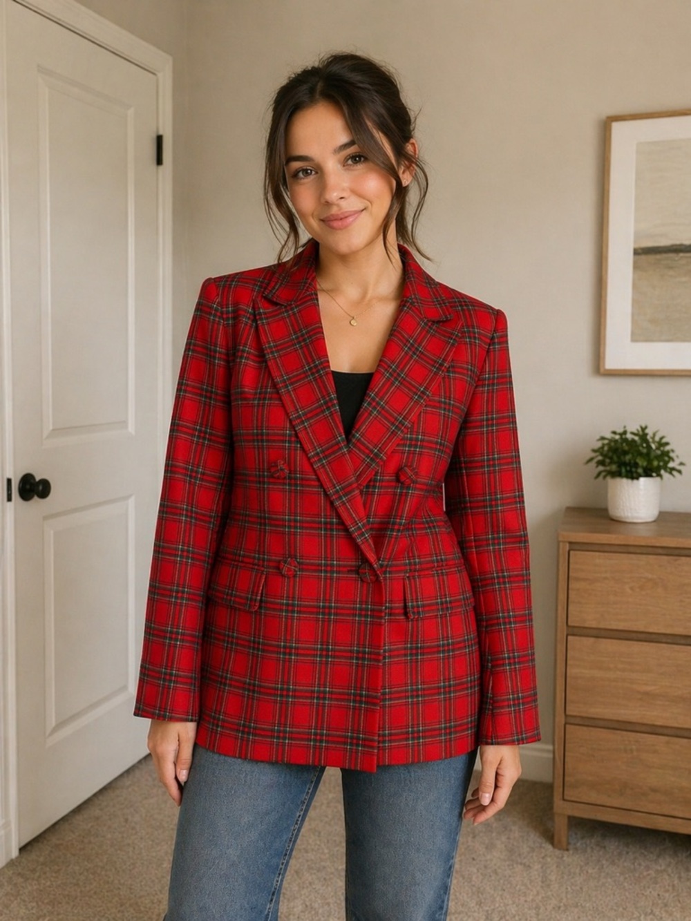 PrettyLittleThing Red Plaid Double-Breasted Blazer